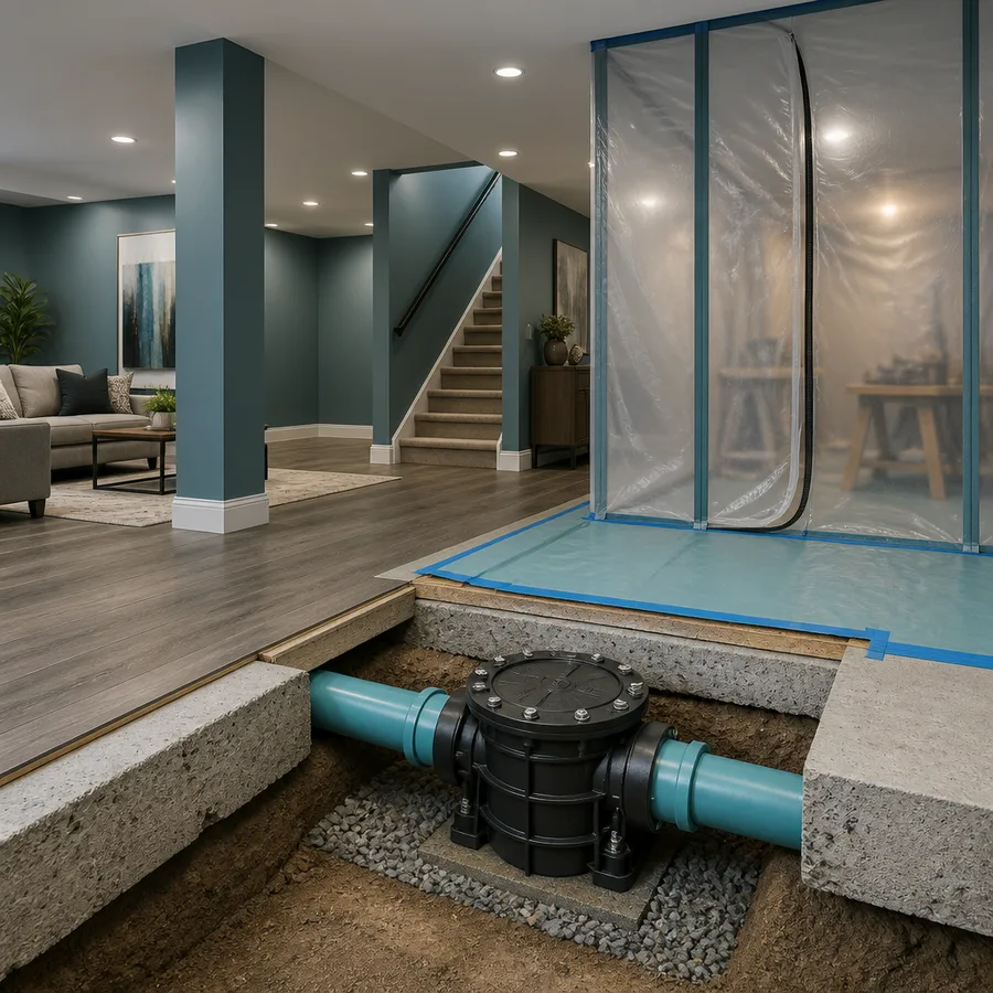 Conceptual finished basement illustration showing a small floor opening around an accessible backwater valve