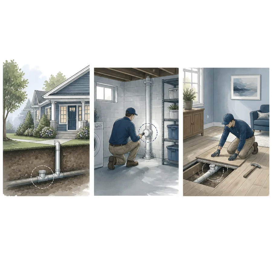 Three-panel conceptual sequence illustrating drain assessment, valve access planning and floor restoration