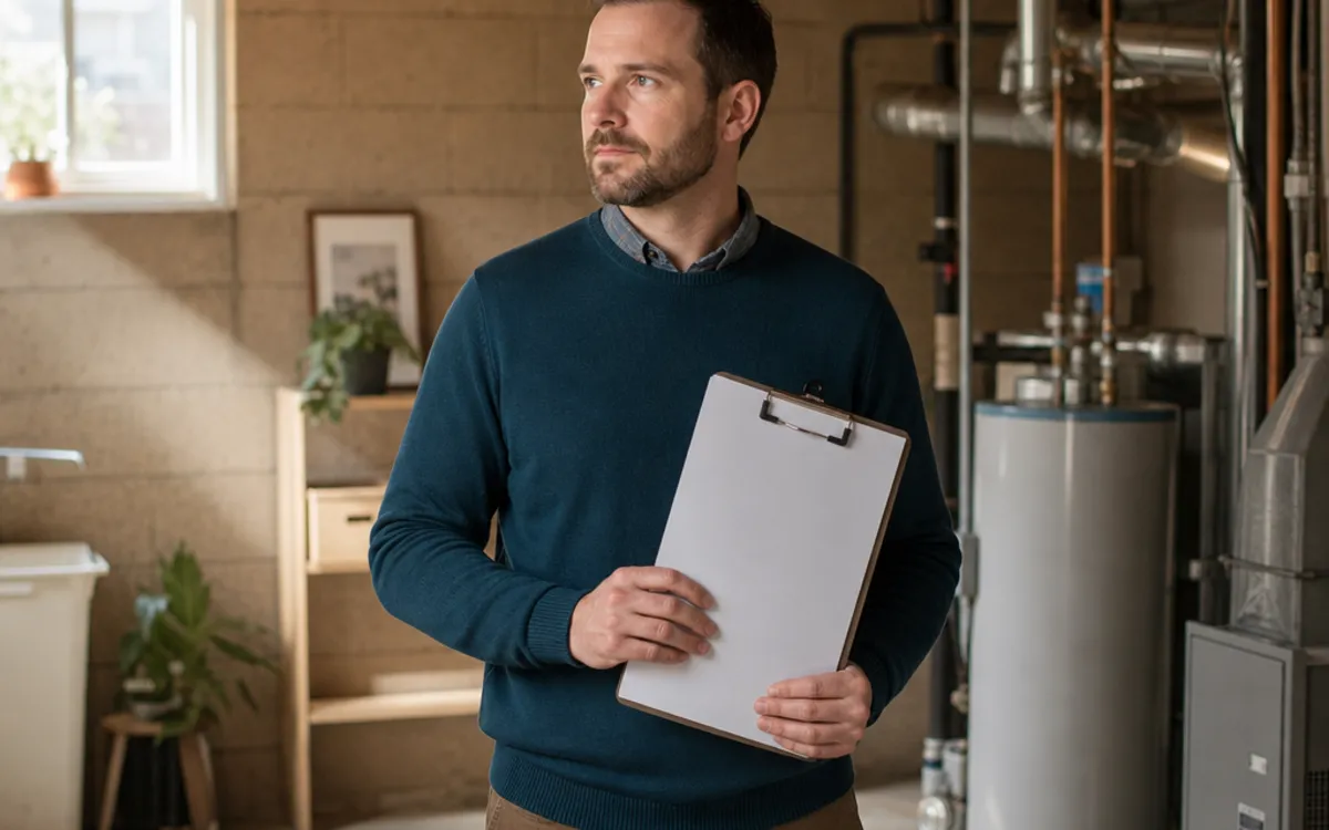 Conceptual home purchase checklist with a simple basement drainage diagram and document folder
