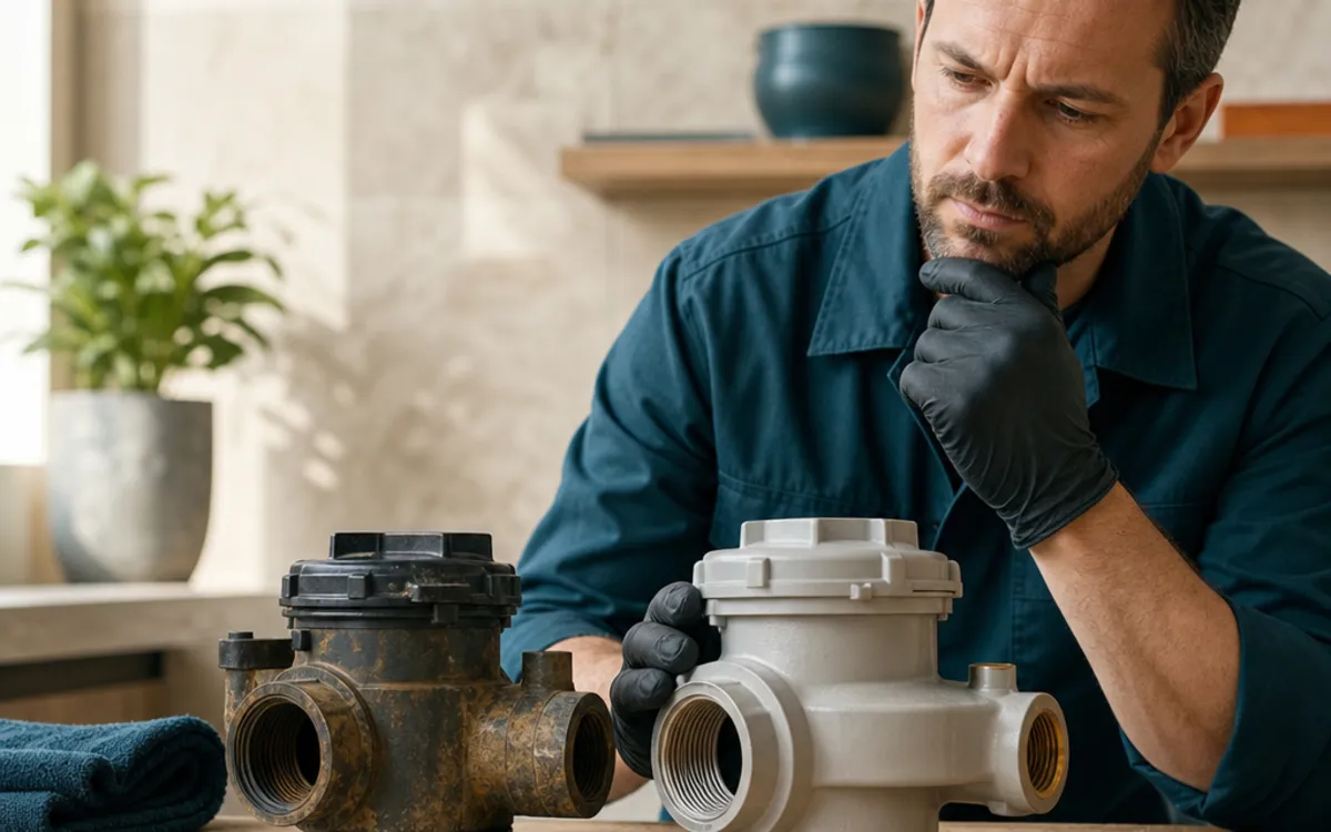Conceptual illustration of a plumber's inspection notes beside a simplified backwater valve diagram