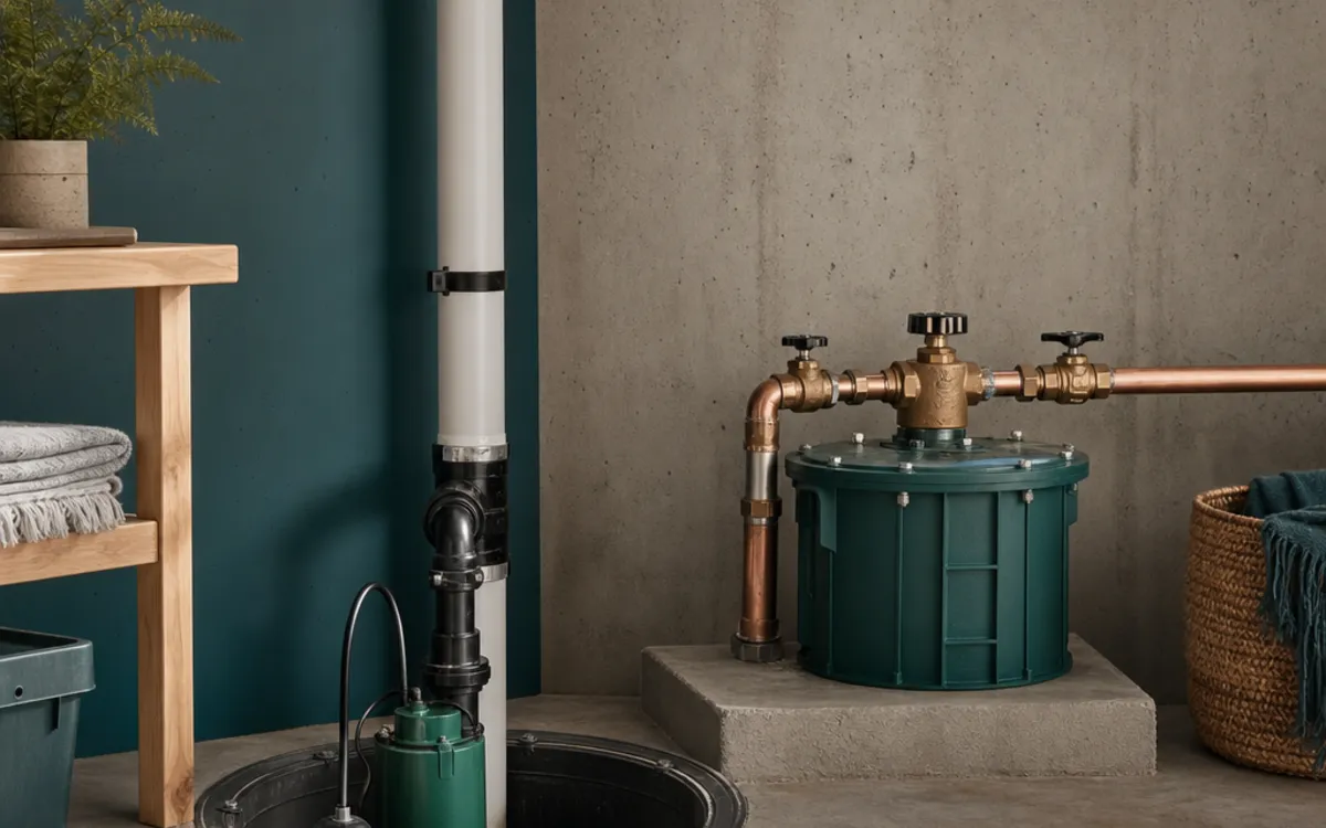 Conceptual split illustration showing a sanitary drainage valve on one side and a separate sump basin and pump on the other