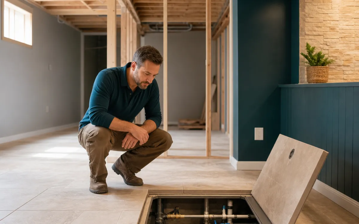 Conceptual cutaway of a finished basement renovation with a clearly accessible floor-level plumbing service cover