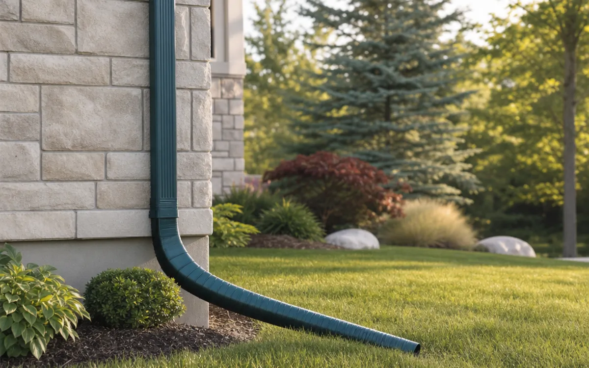 Conceptual illustration of a roof downspout carrying rainwater away from a house foundation