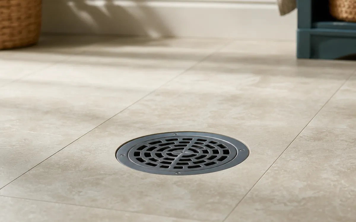 Conceptual basement floor drain beside a homeowner's simple observation notes