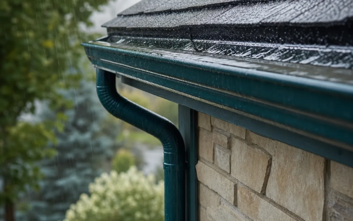 Conceptual illustration of rainfall moving along a roof and away from a house