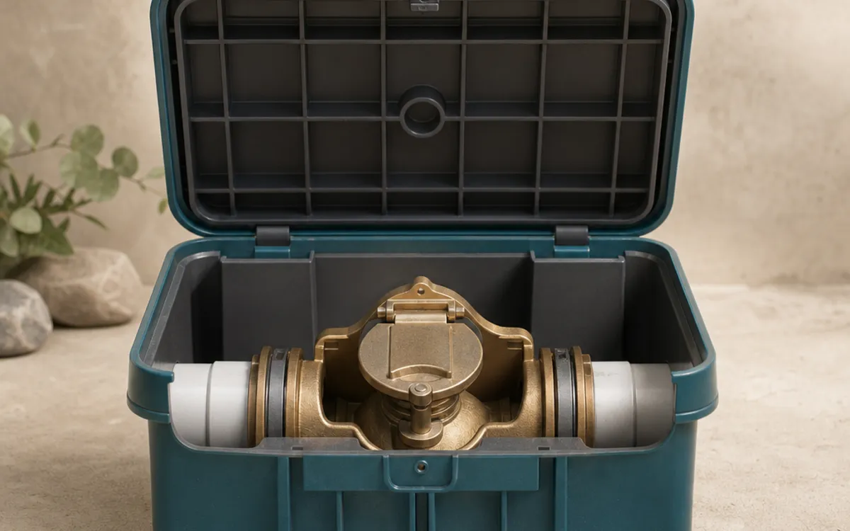 Conceptual cutaway showing a one-way flap in a home's sanitary drain line