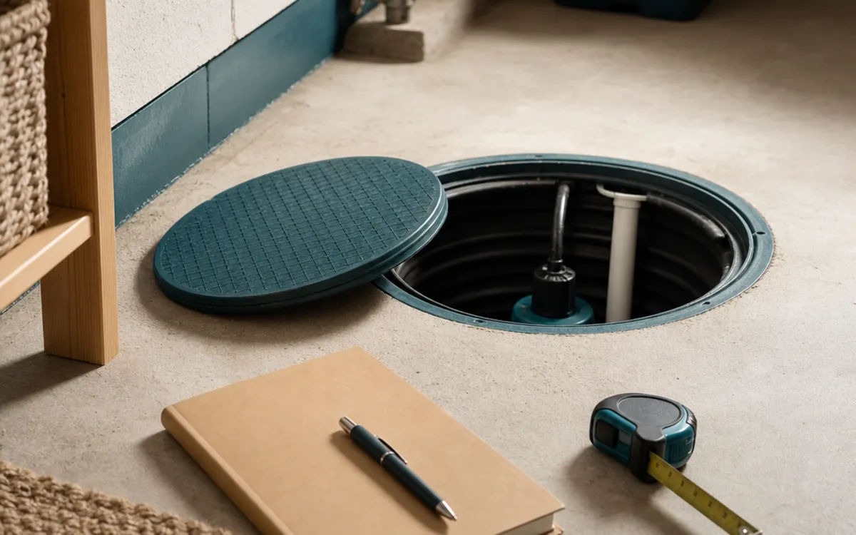Conceptual illustration of a written plumbing estimate beside a basement drain plan