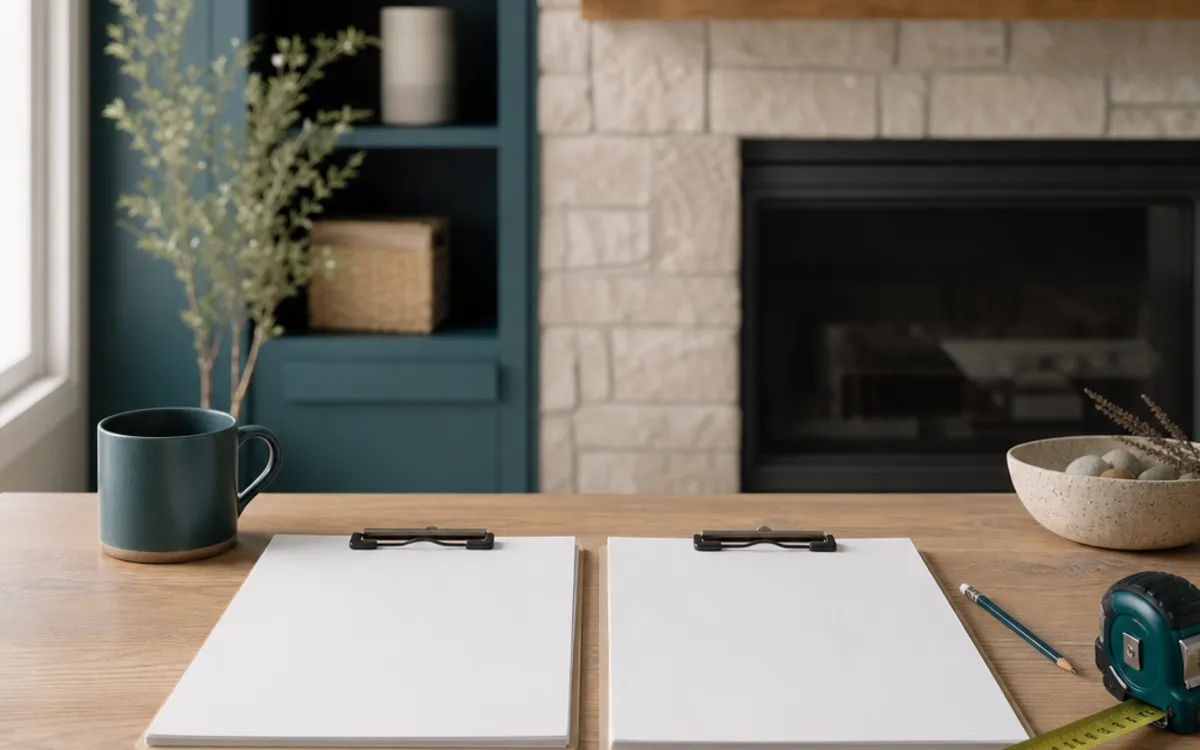 Conceptual homeowner comparing written plumbing proposals and a simple basement drainage sketch
