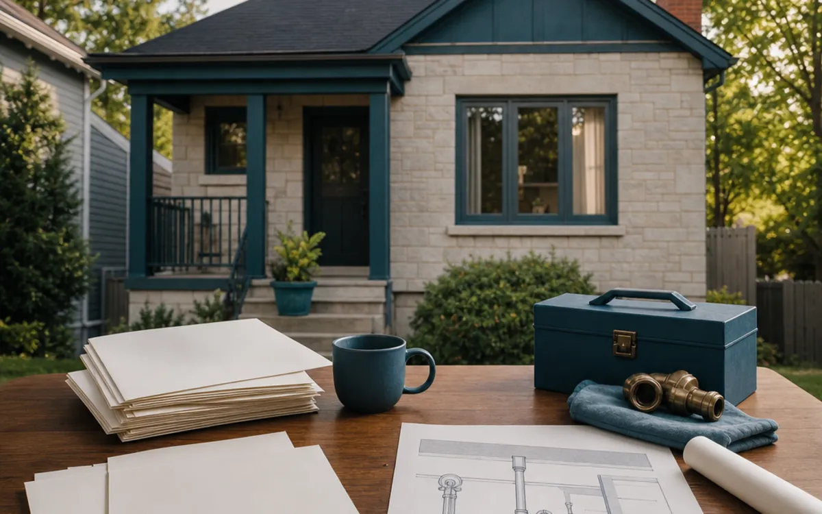 Conceptual illustration of a homeowner reviewing municipal permit guidance and a drain plan