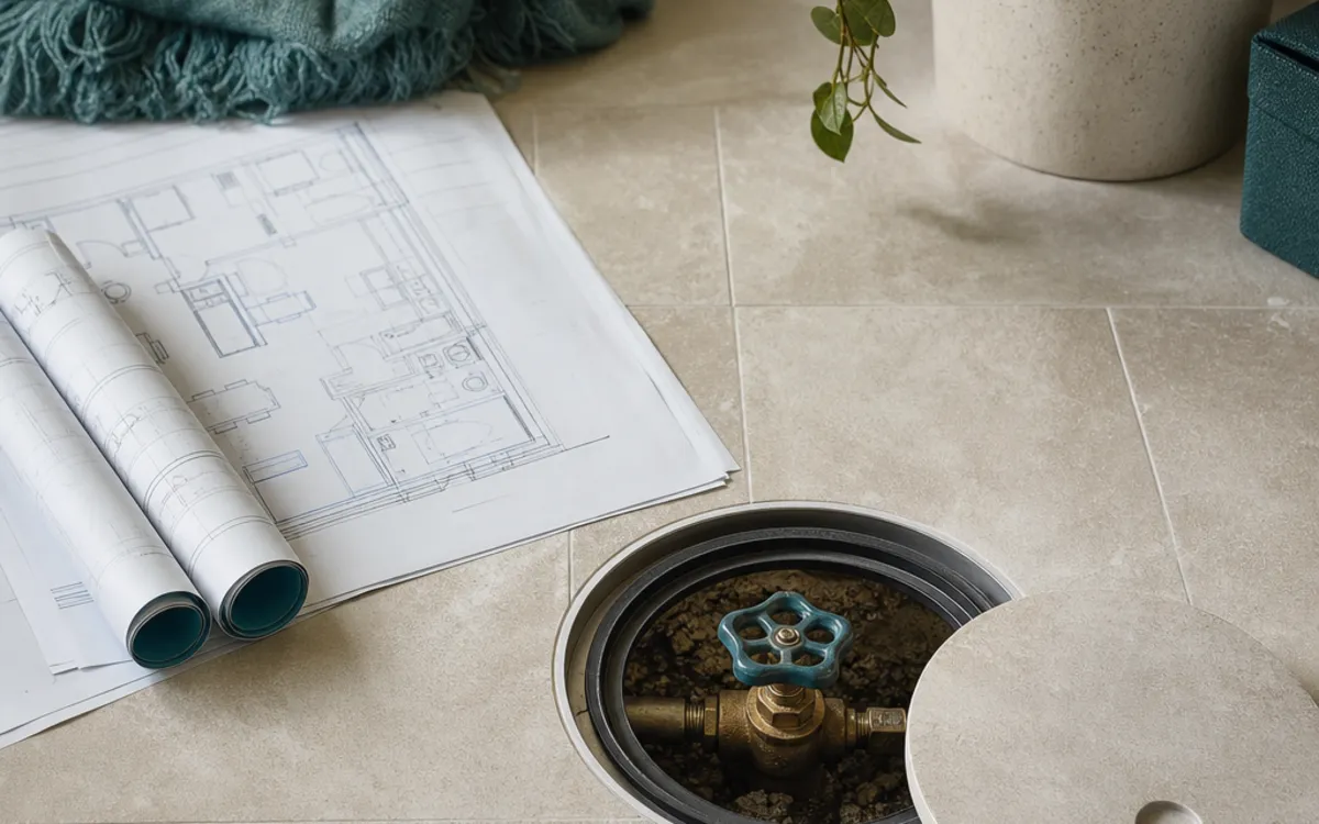 Conceptual homeowner reviewing a plumbing plan and municipal permit checklist beside a basement service access cover