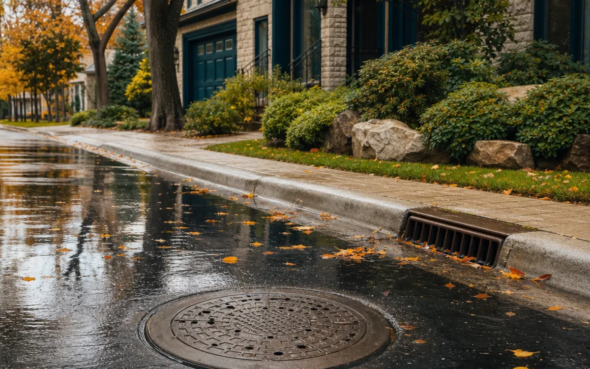 Conceptual cutaway showing separate household wastewater and rainwater routes beneath a street