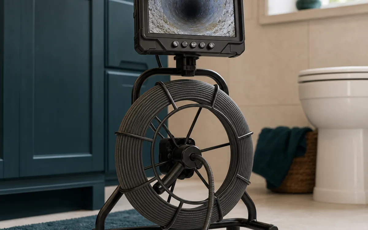 Conceptual inspection camera screen showing a simplified view inside a household drain pipe