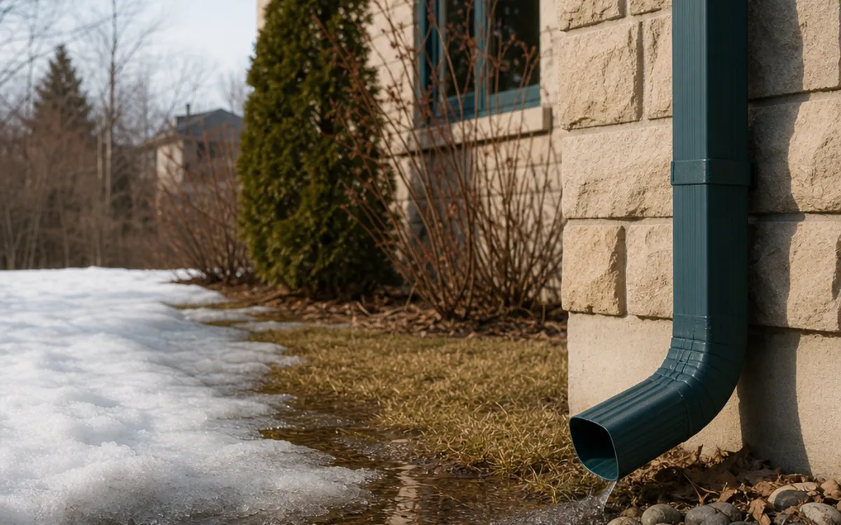 Conceptual spring scene of melting snow near a home with visible drainage paths