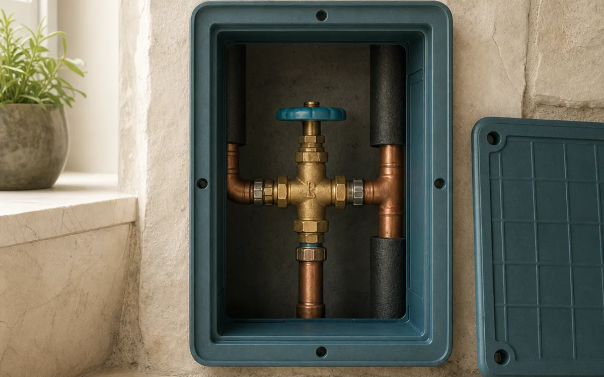 Conceptual basement-floor cutaway showing an access cover above a drain-line valve
