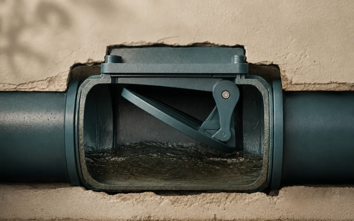 Conceptual cutaway illustration showing a backwater valve flap closing against reverse sewer flow while a home drain is shown separately
