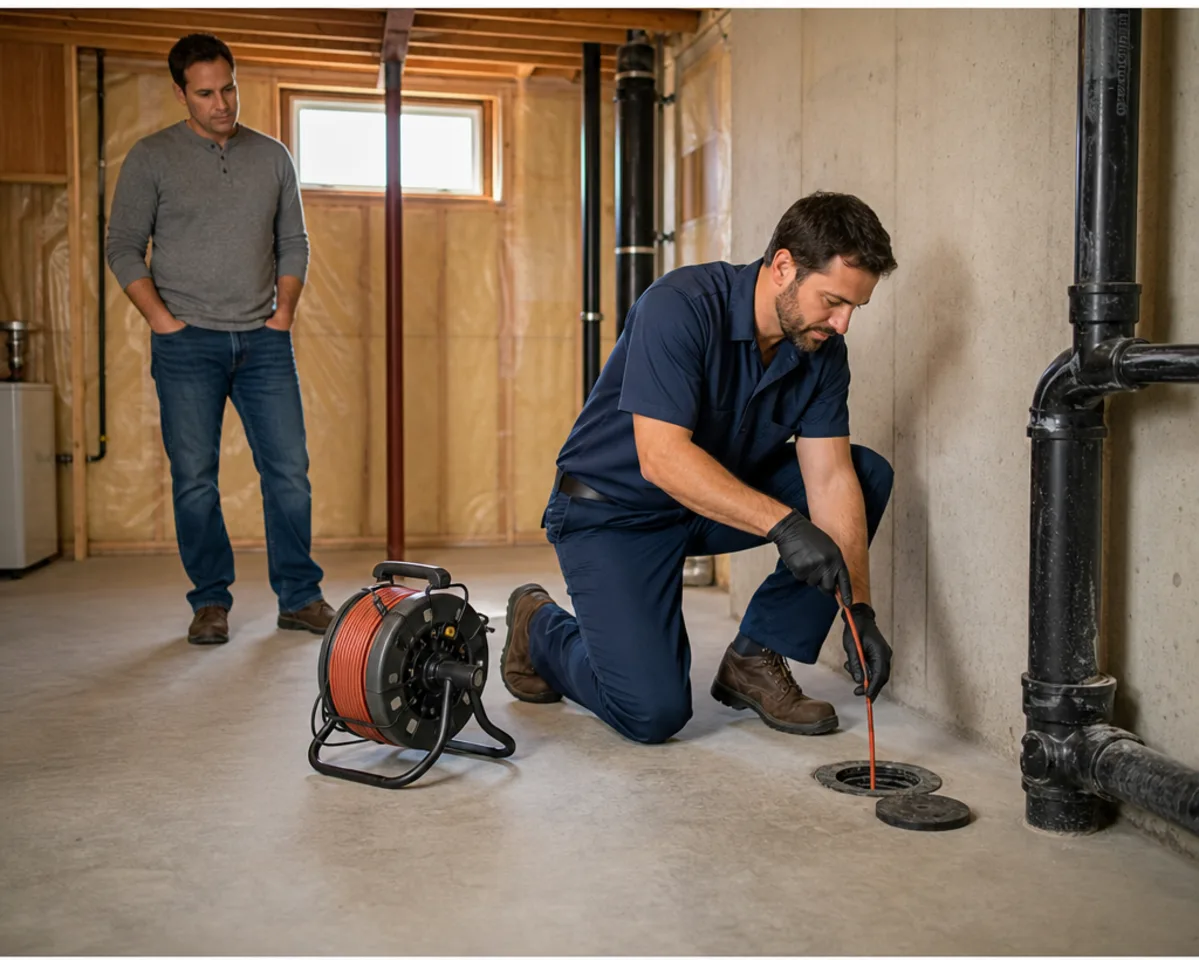 AI-generated conceptual scene of a plumber inspecting a basement drain while a homeowner watches