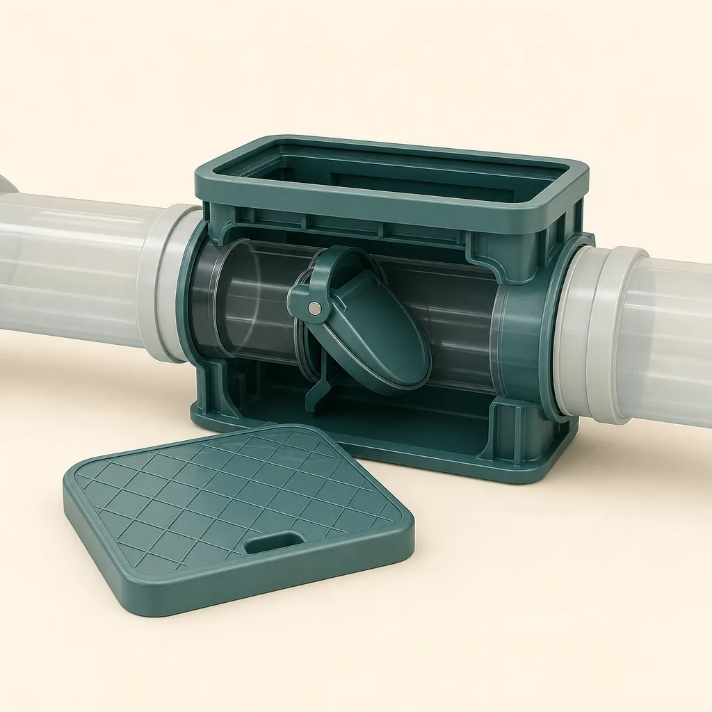 AI-generated conceptual rendering of an accessible backwater valve housing and flap inside a drain pipe